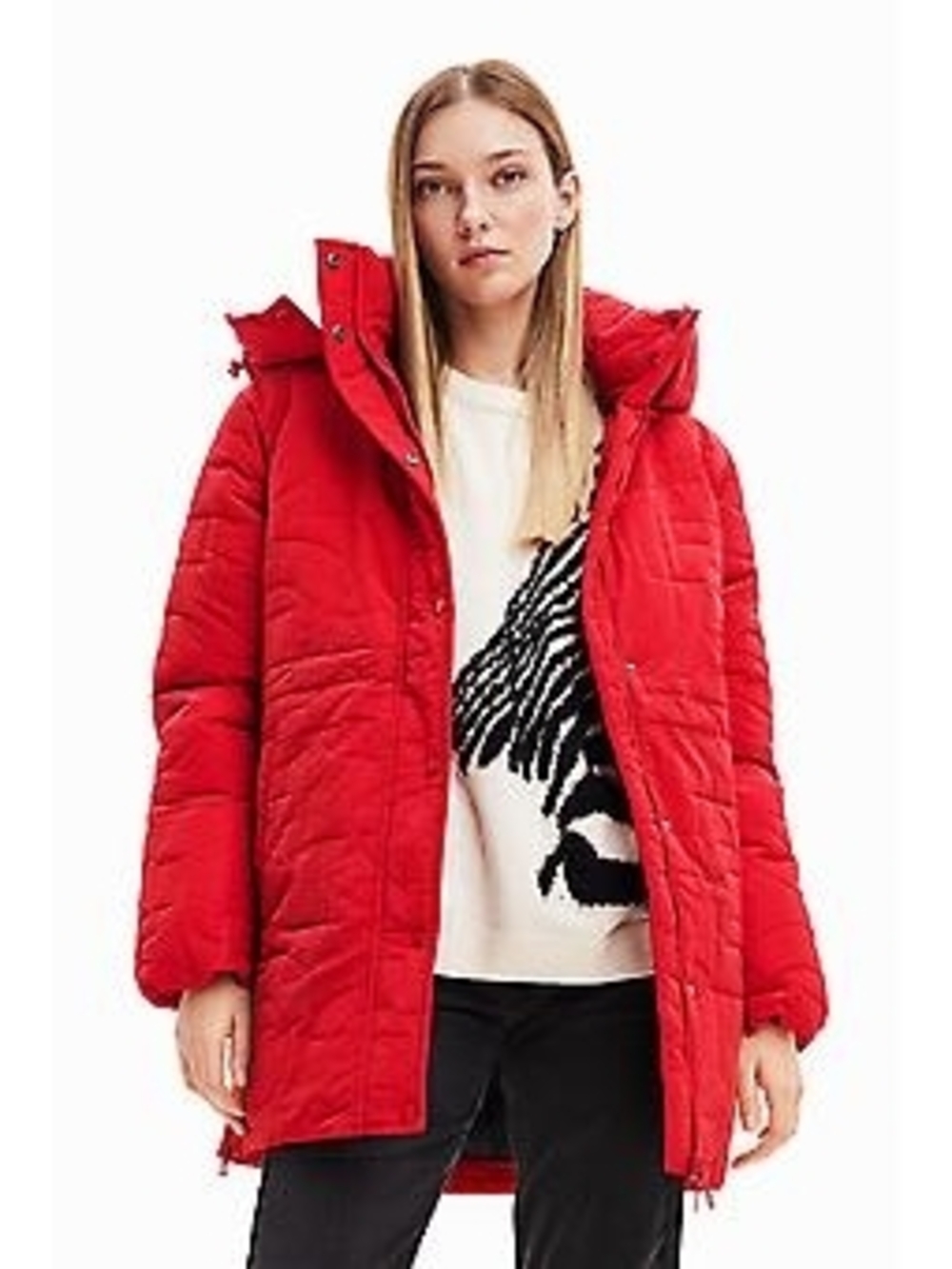 Desigual Red Quilted Hooded Puffer Jacket